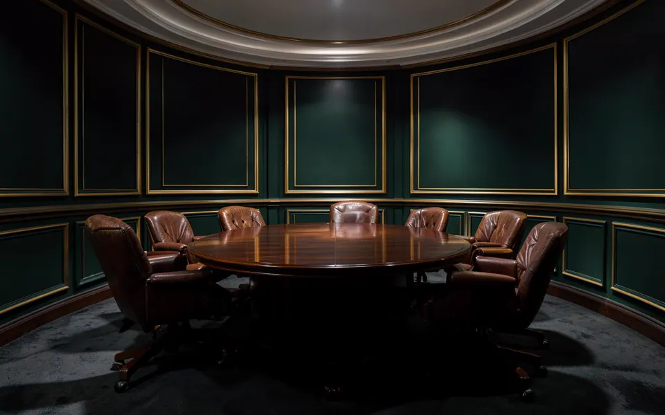 An empty emerald meeting room with a round table and gold architectural details