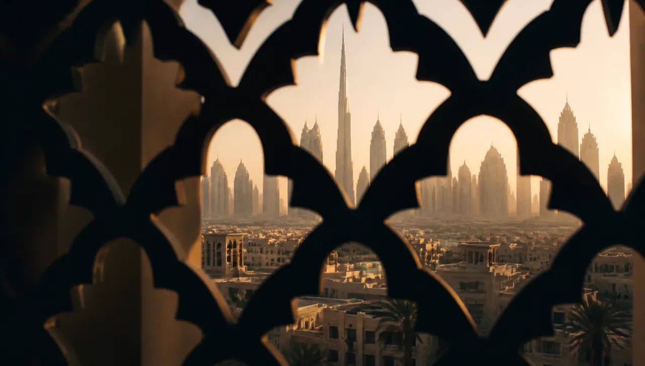 Dubai skyline seen through an ornate geometric screen at sunset